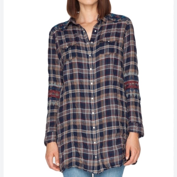 Johnny Was 3J Workshop long plaid embroidered lightweight button front shirt S - Picture 2 of 7